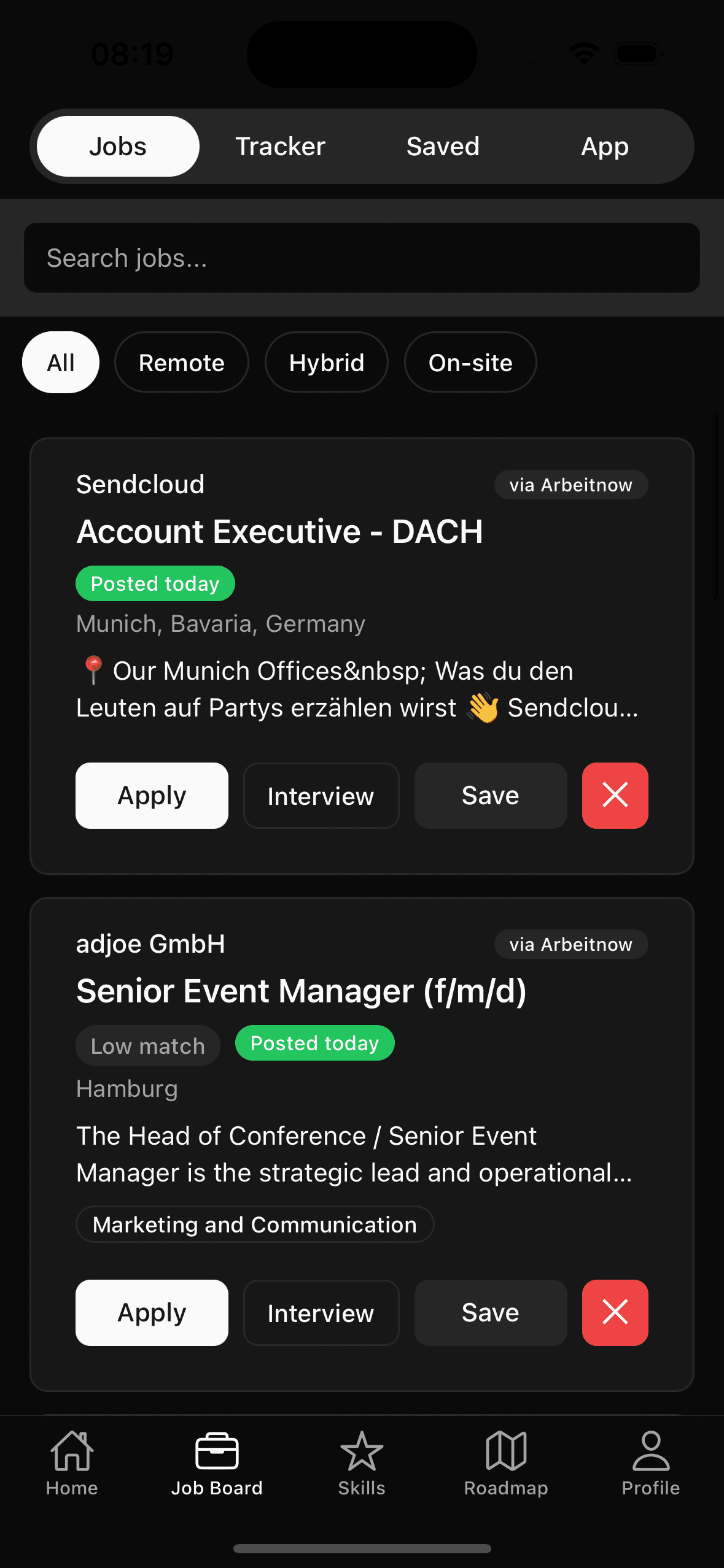 Kaareer app showing job listings with skill match percentages