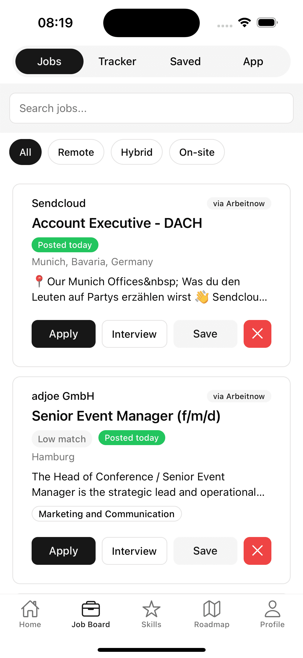 Kaareer app showing job listings with skill match percentages